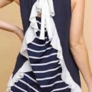 Umgee Women’s Blue & White Striped Top With Ruffles Size large